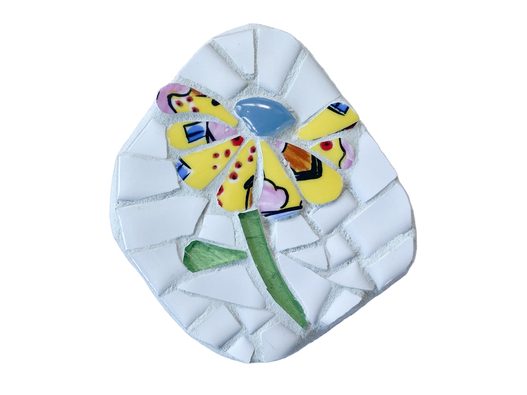 Mosaic art piece with a colourful yellow flower design on a white background