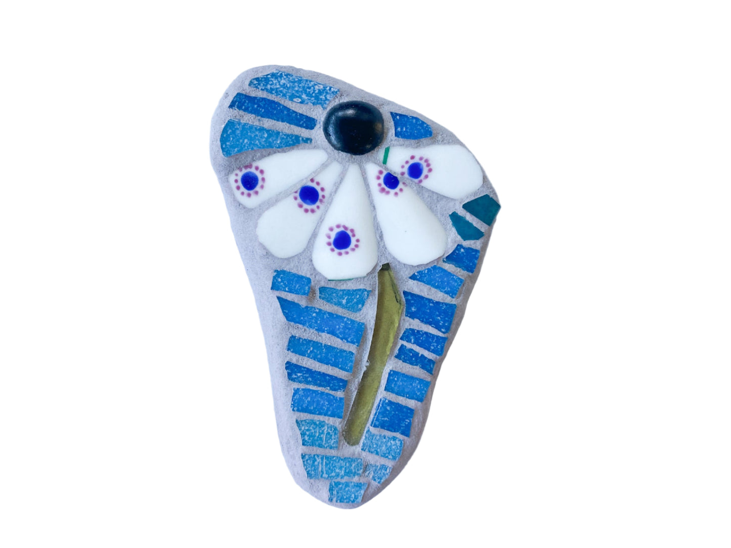 Decorative mosaic with blue and white floral design on a white background