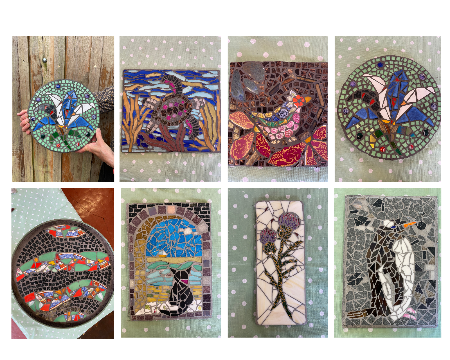 A collage of eight mosaic art pieces displayed on a light green polka-dotted background, featuring various colorful designs including flowers, birds, fish, and animals made from broken glass.