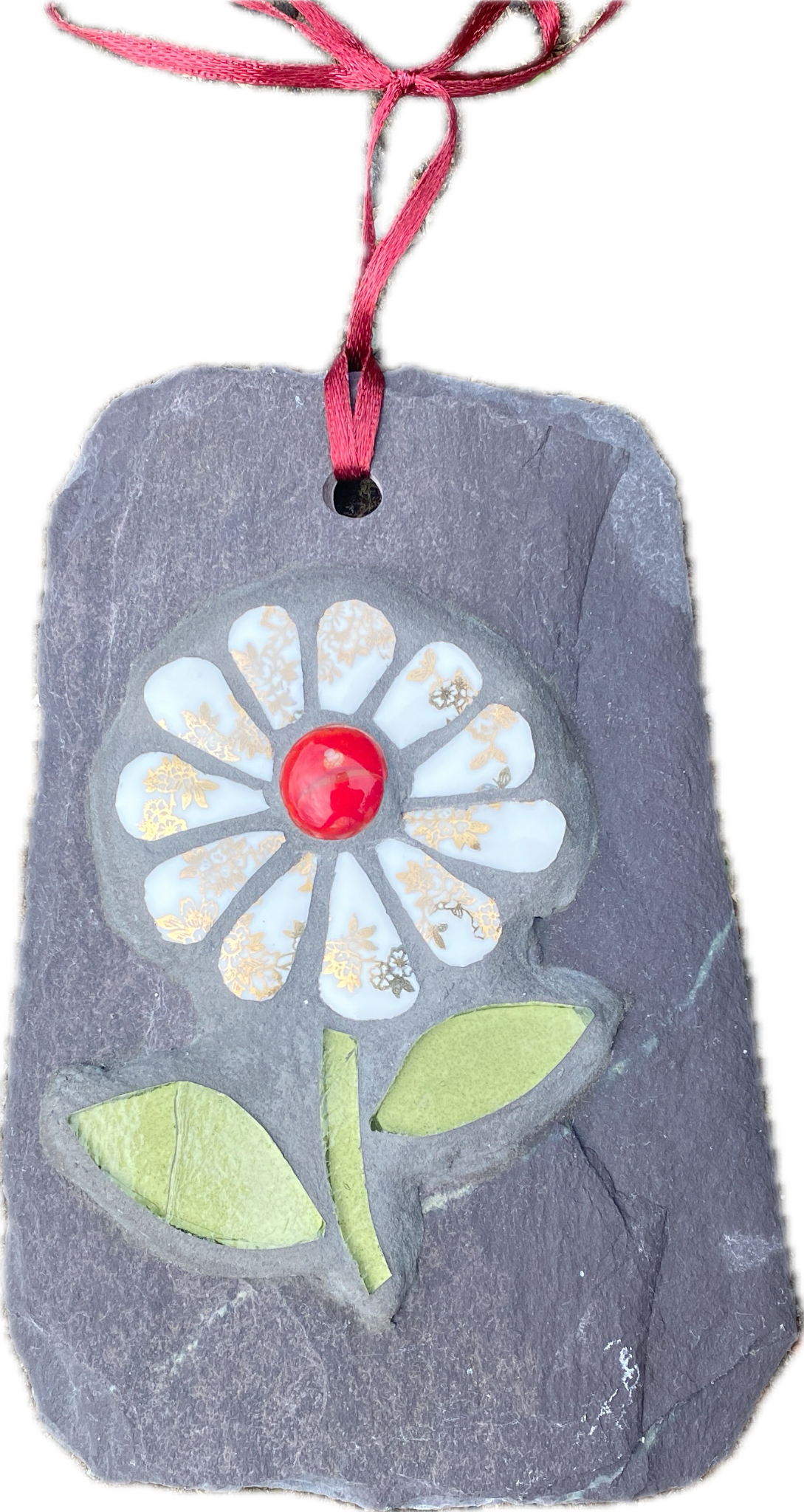 gilt and white petalled daisy mosaic on slate, shown on a white background