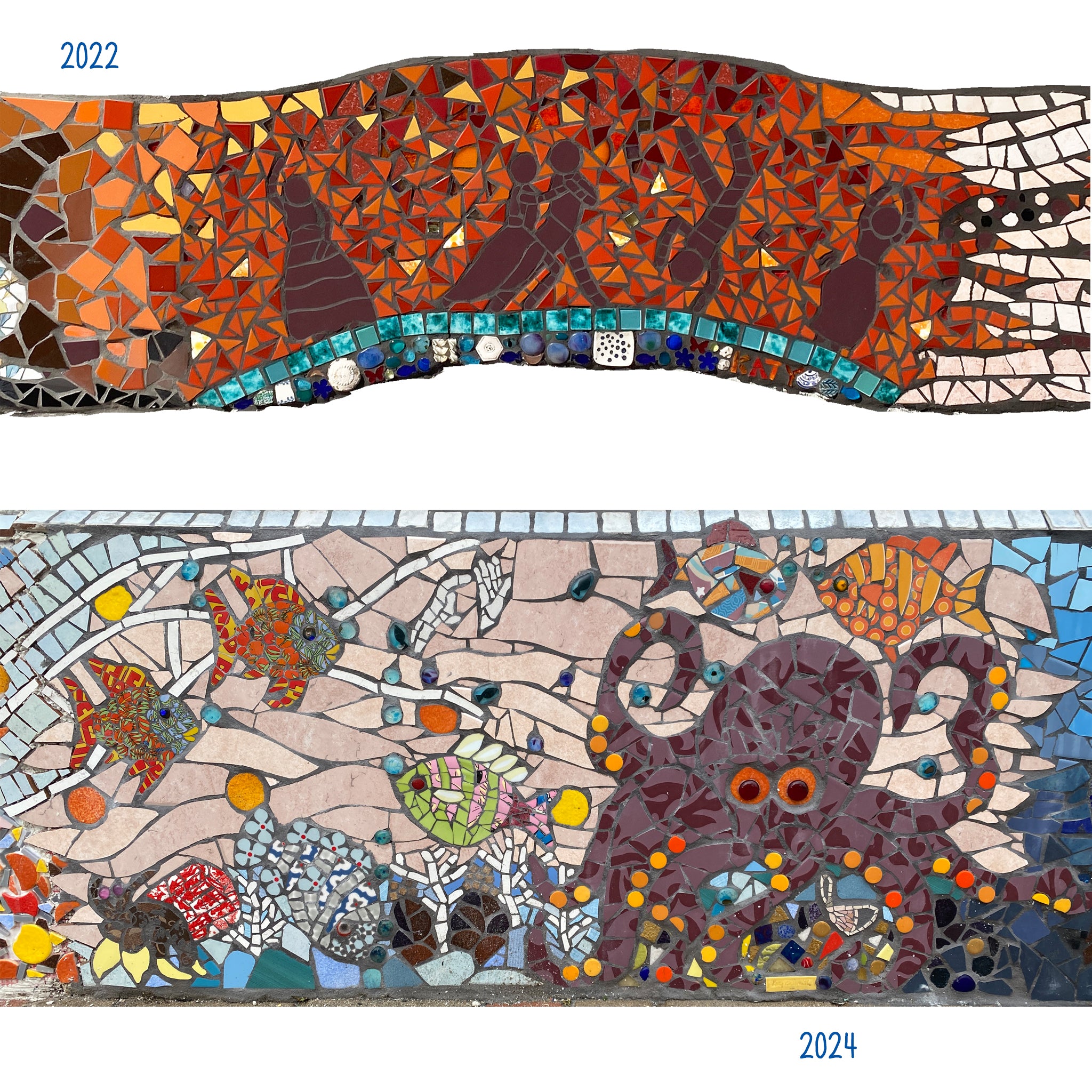 two mosaics, the top one shows silhouettes of dancers against an orange and red background.  The bottom one is a seascape with an octupus and fish