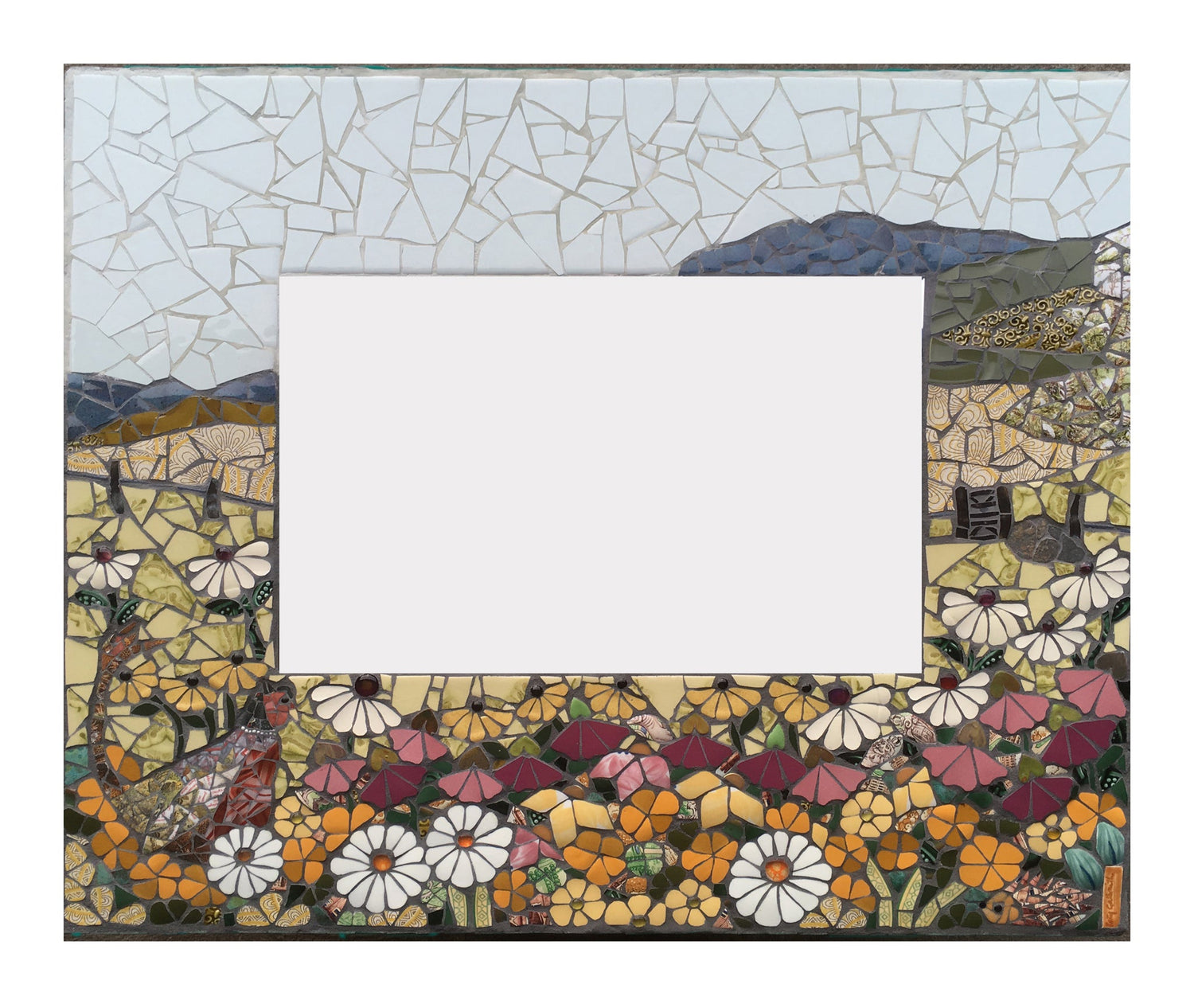 a landscape in mosaic, with flowers in the foreground, a gate, hills and grey sky