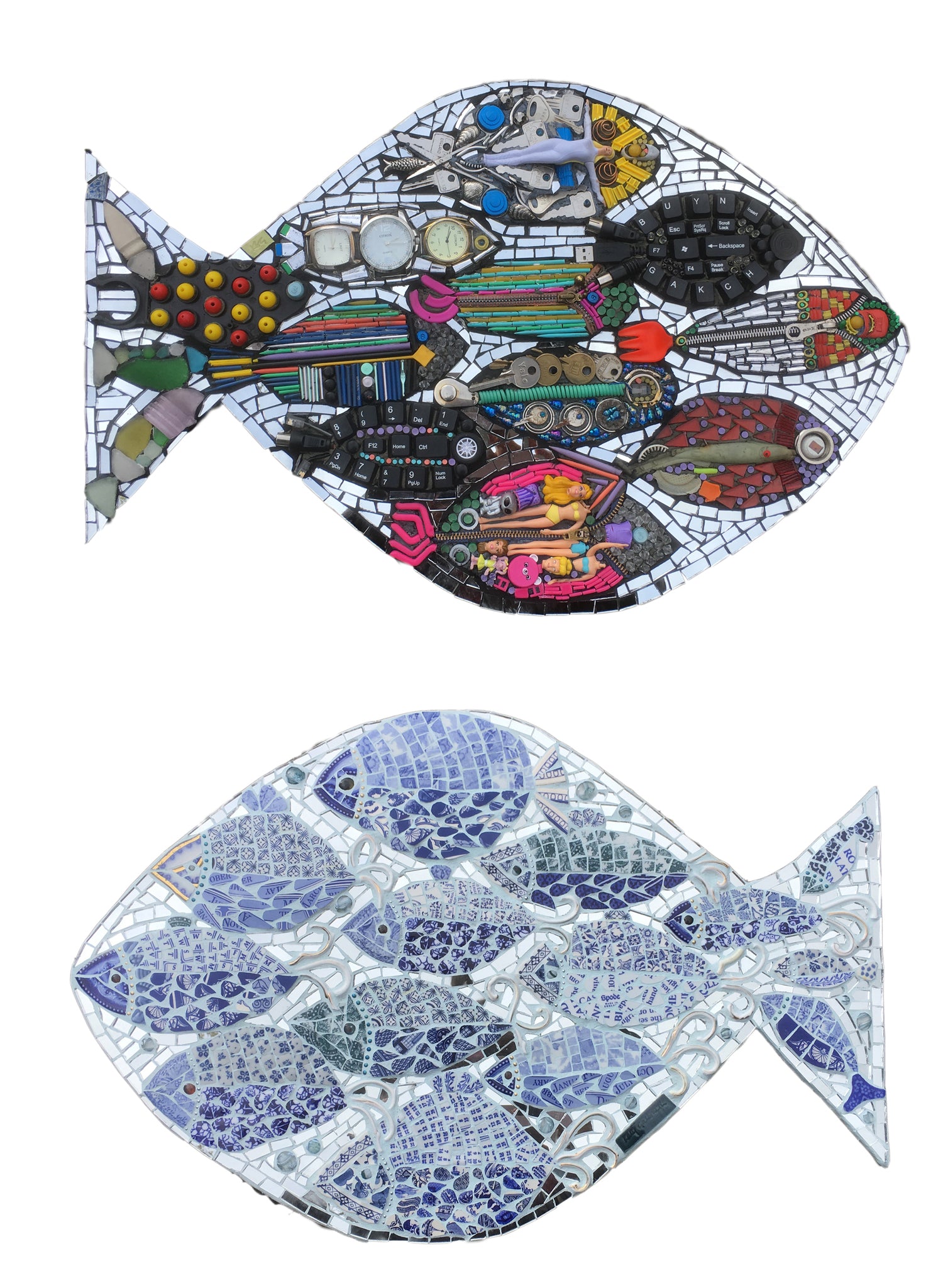 two mosaic fish facing opposite directions. one is made of discarded items such as keys, tiny dolls, keyboard keys.  the other is made of blue and white china