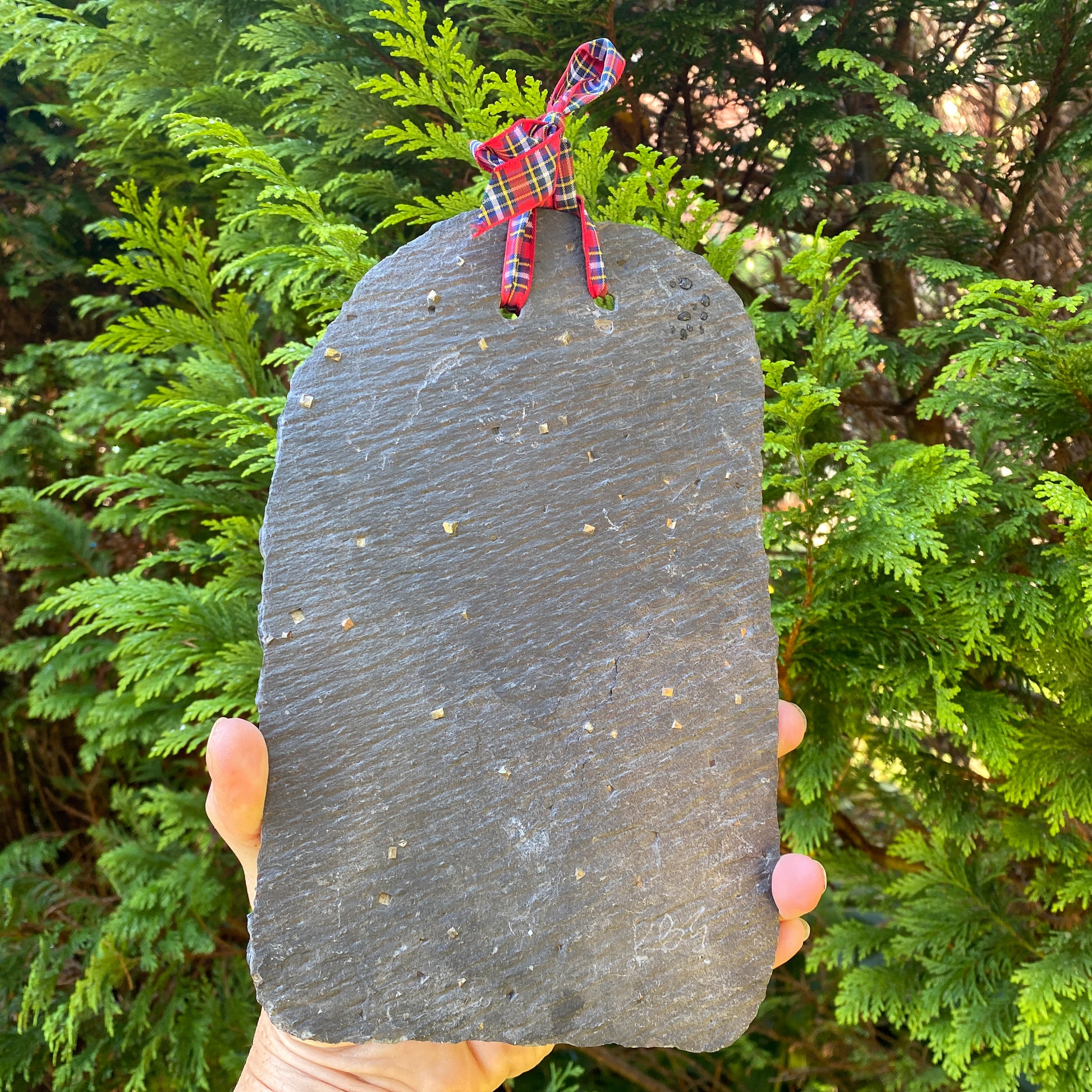 Hand holding a large slate stone with a small decorative item on a green foliage background