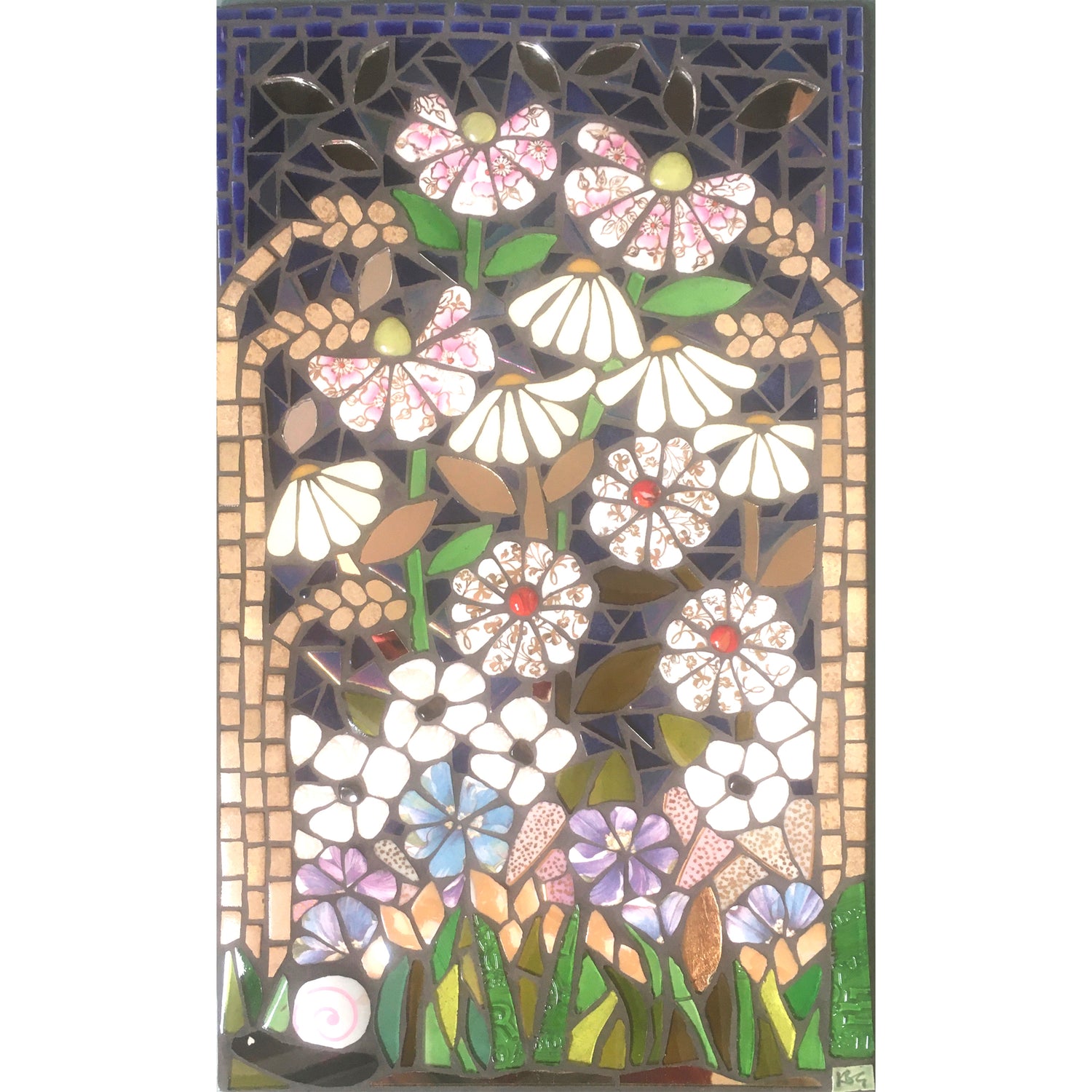 white and cream flowers with gilt or pink details, with grasses at the sides, depicted in mosaic. 