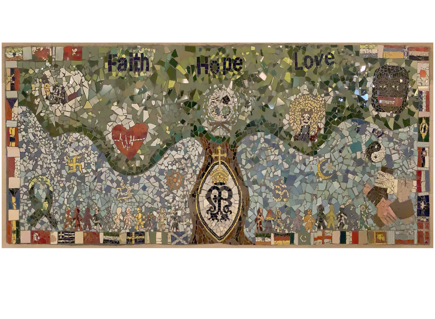 rectangular mosaic of a tree with faith hope and love written in it, with various elements depicting the UN rights of the child. flags around the edges