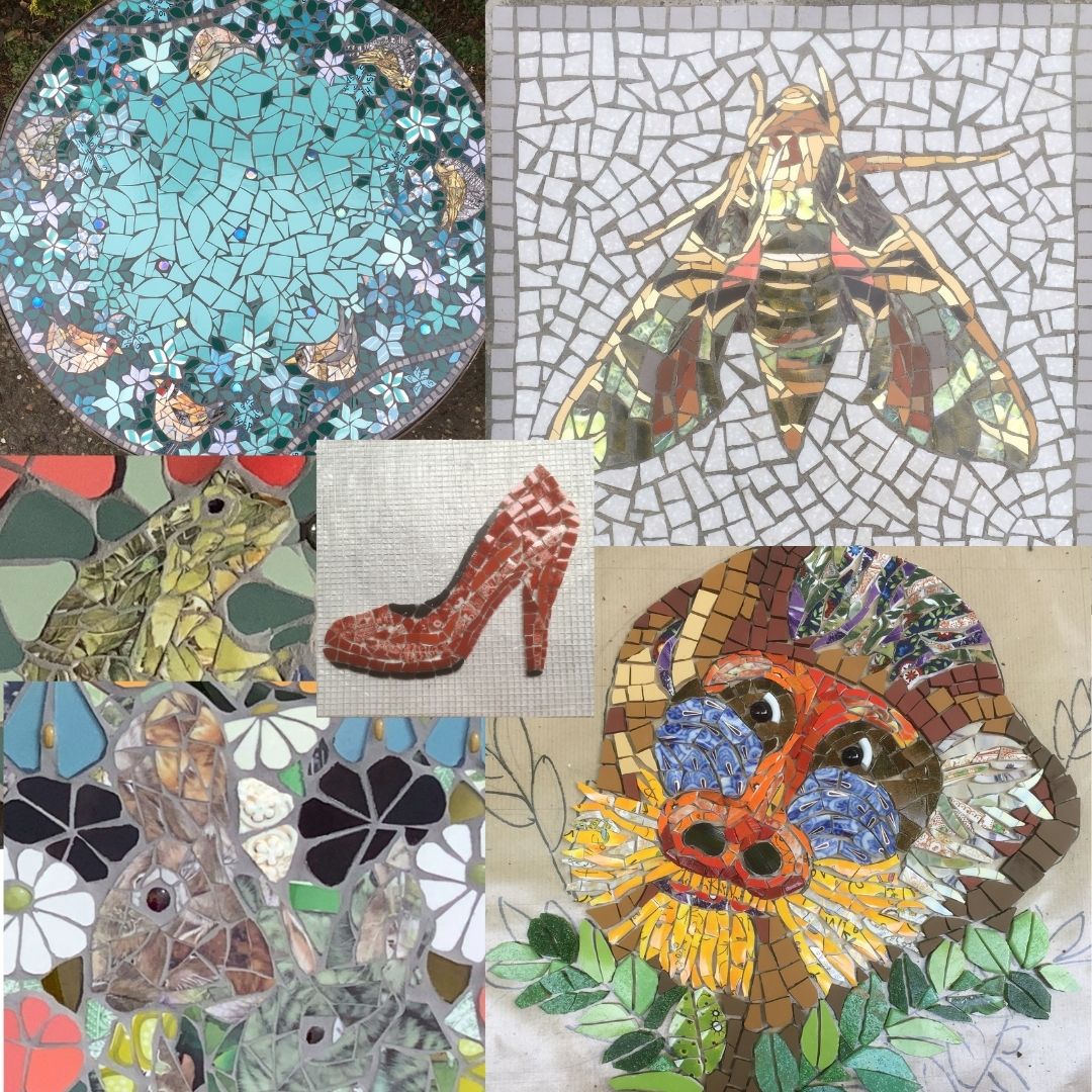 a composite image of various mosaics made with china, including a madrill and a moth