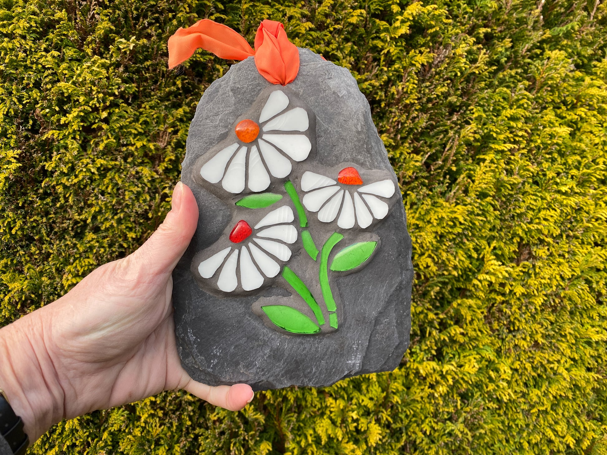 Three white daisies in mosaic on a grey slate.  Each daisy has seven petals and a vibrant orange nugget. bright green stem and leaves. shown hand held against an evergreen background