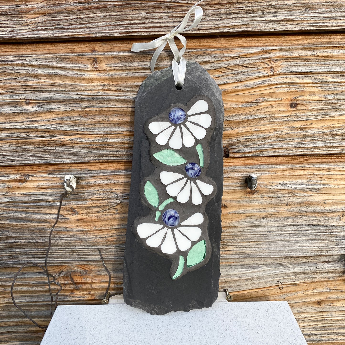 White Daisy Trio mosaic on Rustic Slate – Unique Eco Gift & Home Décor