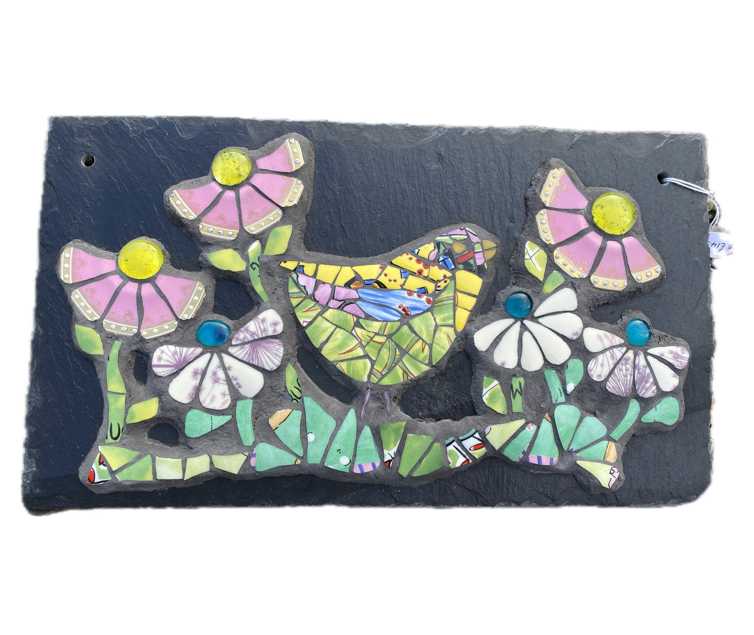 yellow and green bird surrounded by pink flowers, mosaic on slate